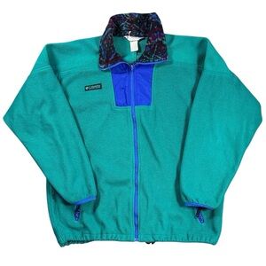 Vintage 90s Columbia Fleece Jacket Teal Blue Abstract Collar USA Made Men’s XL